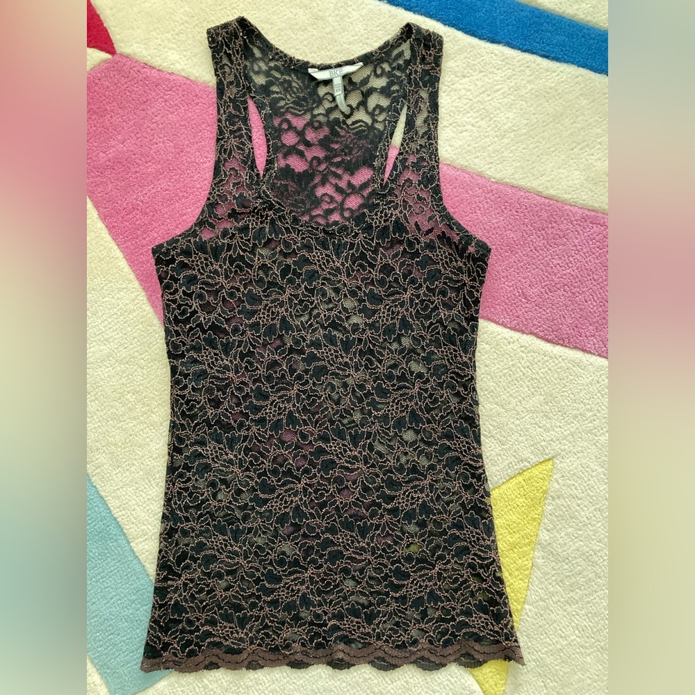 Buckle BKE Black Floral Bronze Glitter Metallic Lace Scalloped Tank Top XS